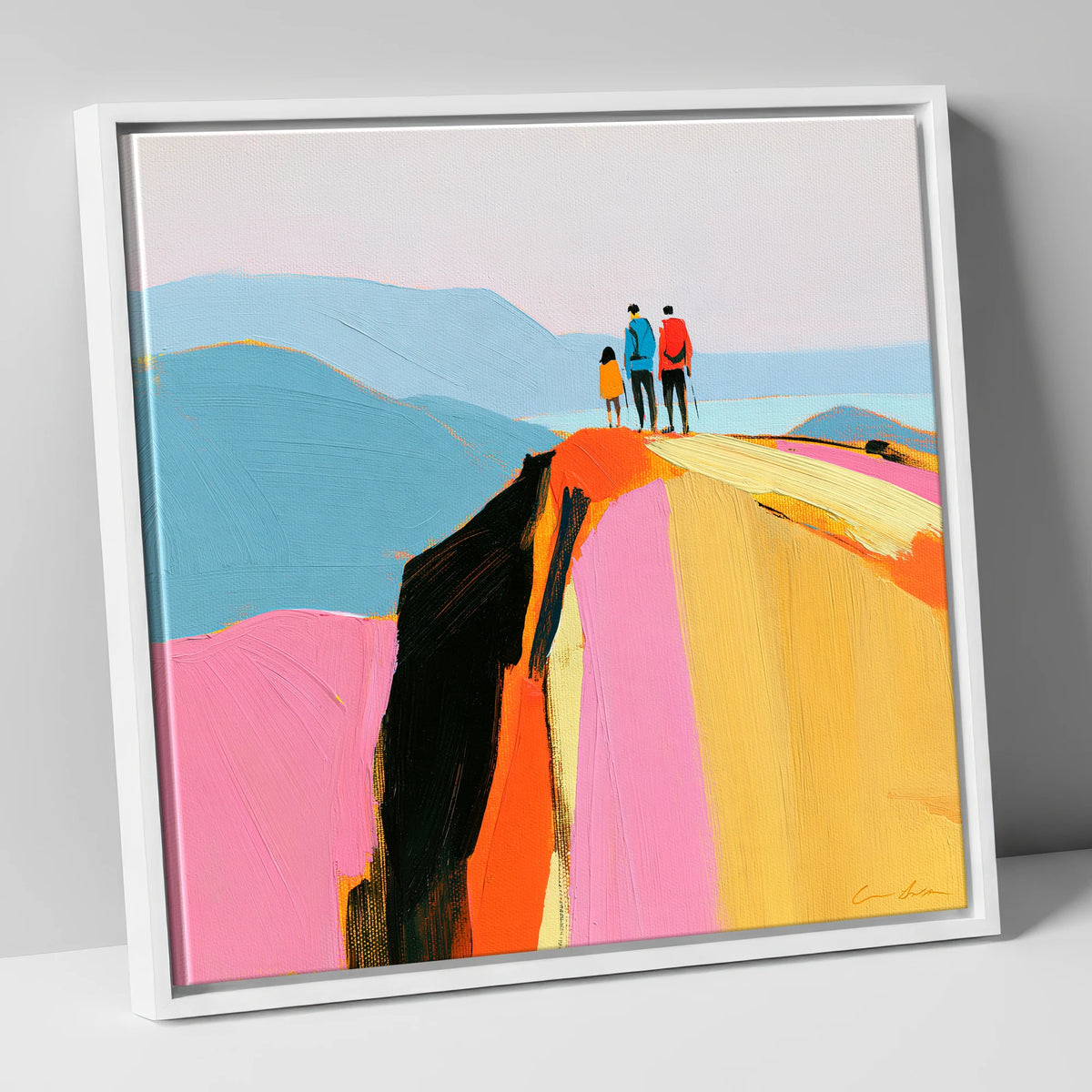 Colourful Fell Top Walkers lake district fell canvas wall art in white frame