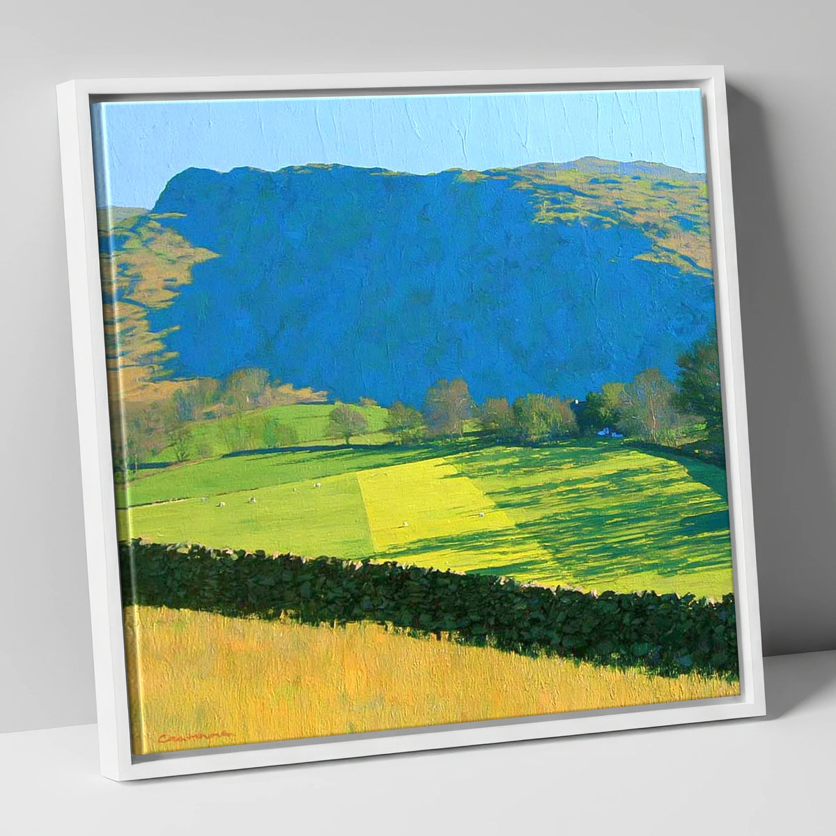 Sunlit Fields Below Troutbeck Tongue lake district fell canvas wall art in white frame