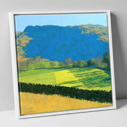 Sunlit Fields Below Troutbeck Tongue lake district fell canvas wall art in white frame
