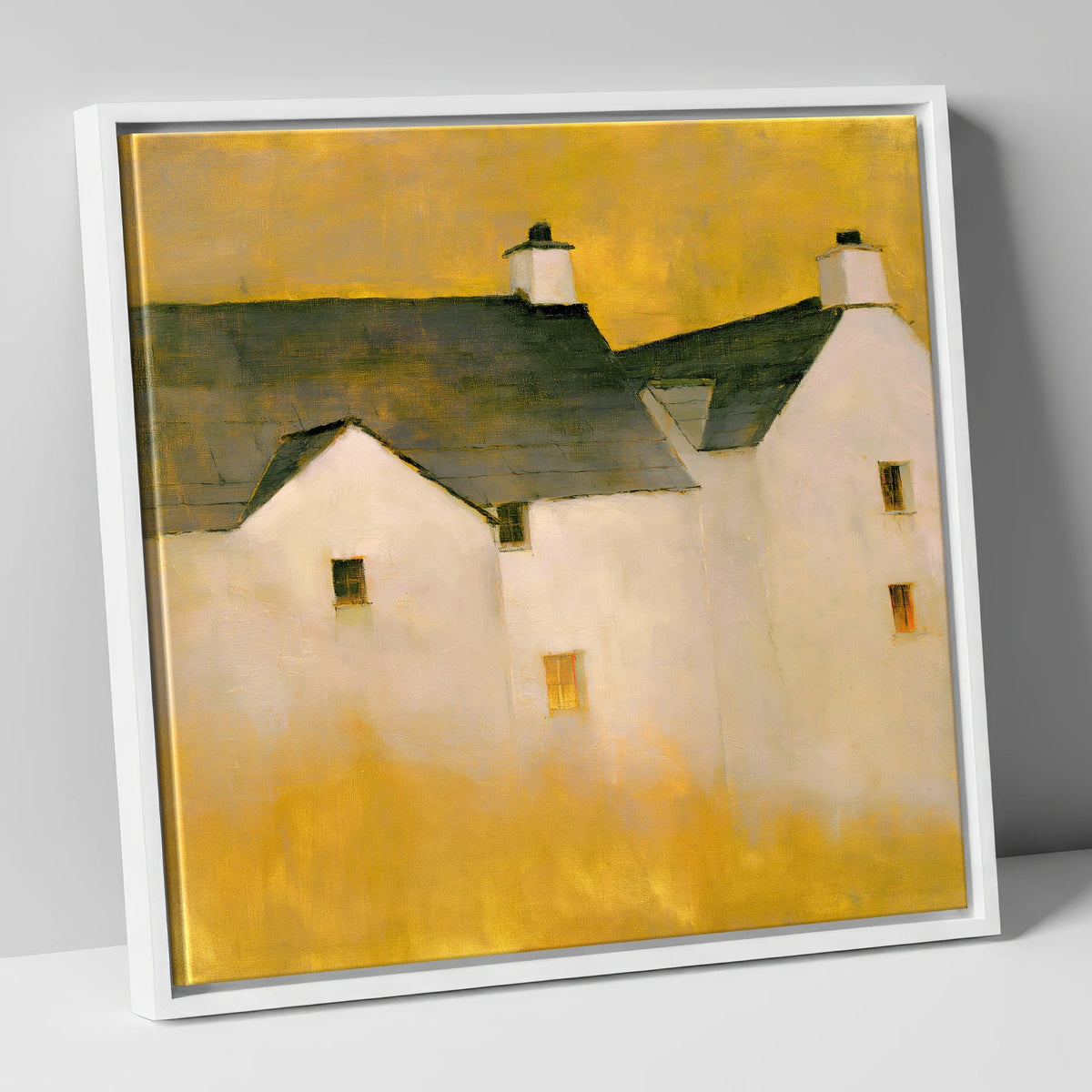 Slate Cottages In Golden Light lake district village canvas wall art in white frame