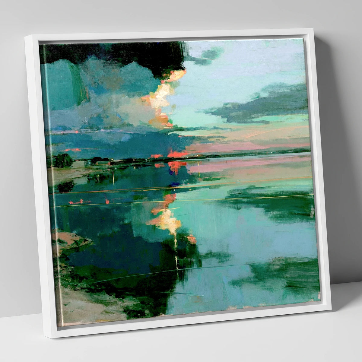 Fiery Sky Lake Reflections lake district lake canvas wall art in white frame