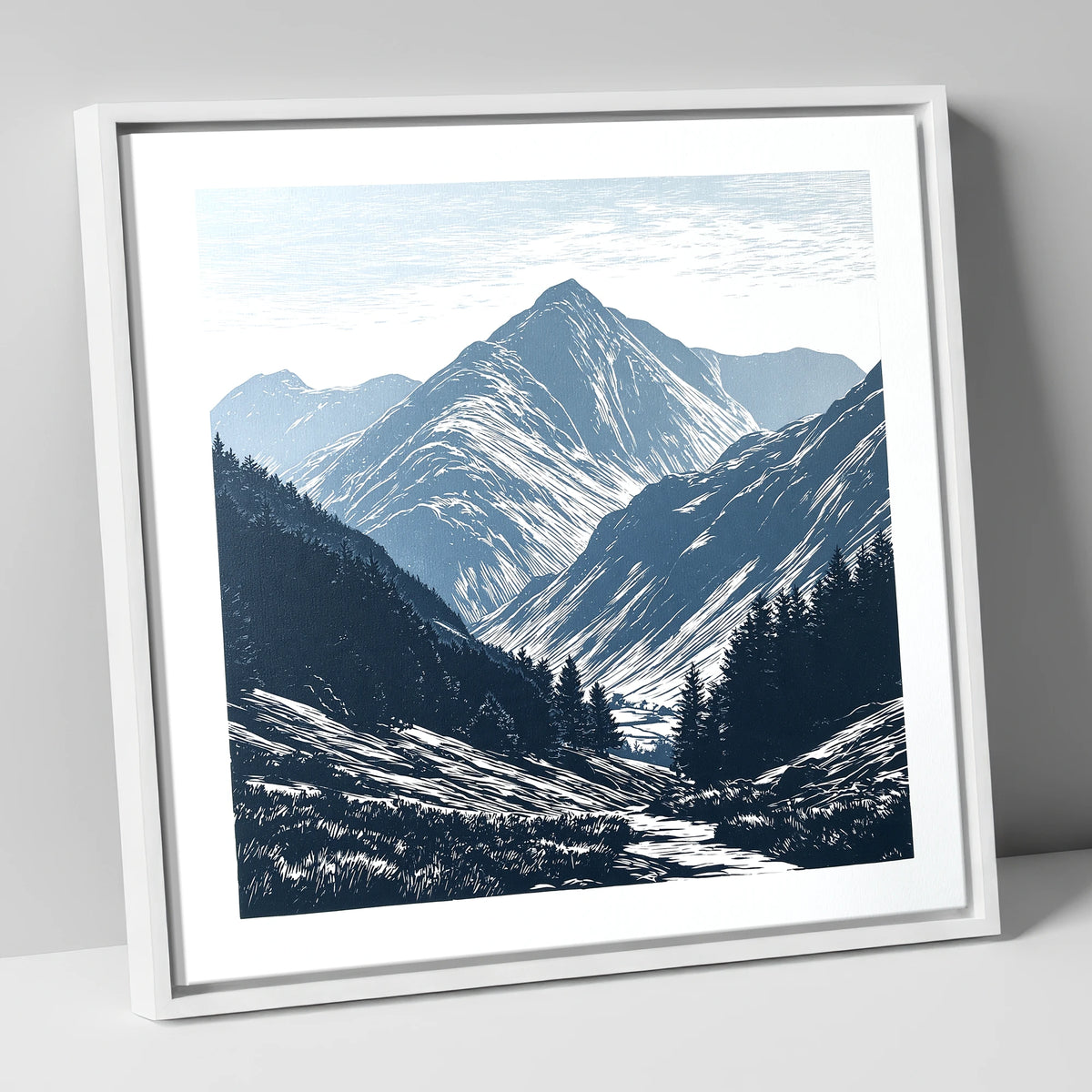 Bowfell Peak in Slate Blue lake district fell canvas wall art in white frame