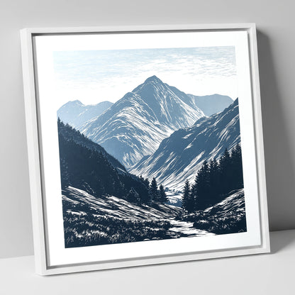 Bowfell Peak in Slate Blue lake district fell canvas wall art in white frame