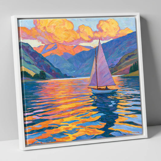 Sailing the Lake at Golden Hour lake district walking canvas wall art in white frame