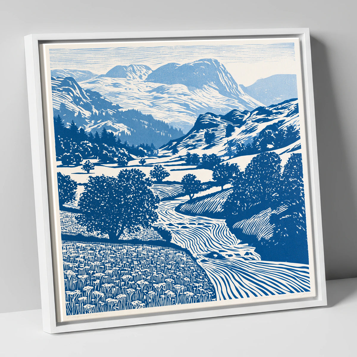 Cobalt Blue Eskdale Valley lake district valley canvas wall art in white frame