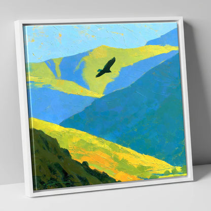 Soaring Bird of Prey Over Sunlit Fells lake district wildlife canvas wall art in white frame