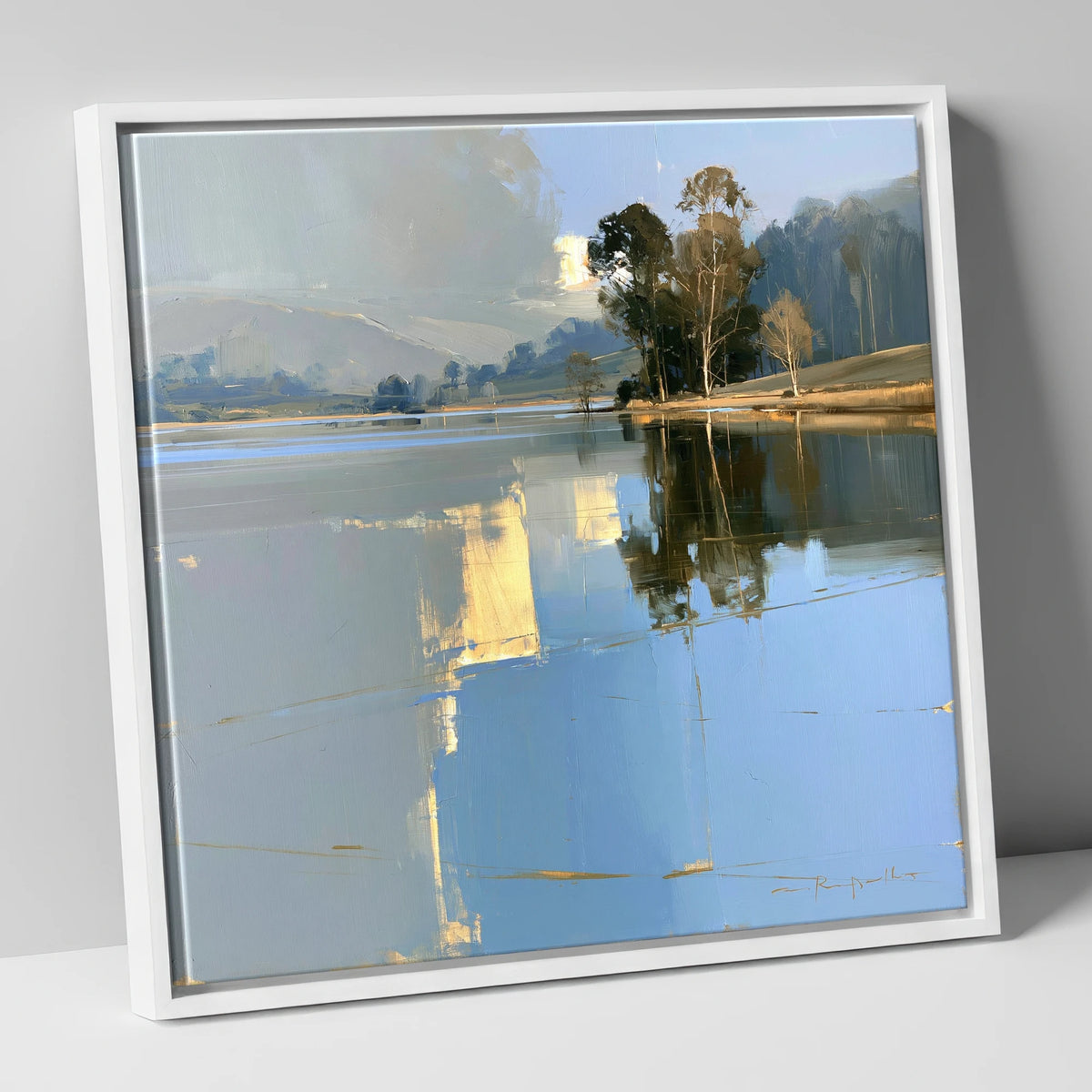 Calm Lake with Golden Reflections lake district lake canvas wall art in white frame