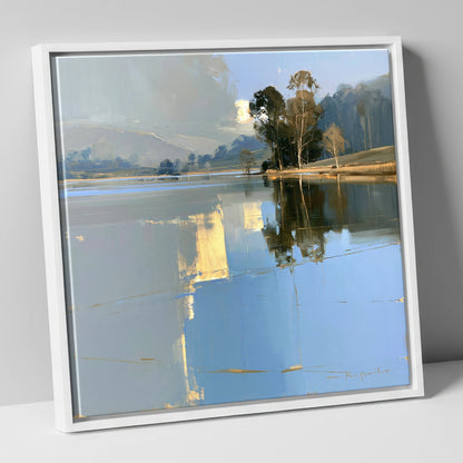 Calm Lake with Golden Reflections lake district lake canvas wall art in white frame