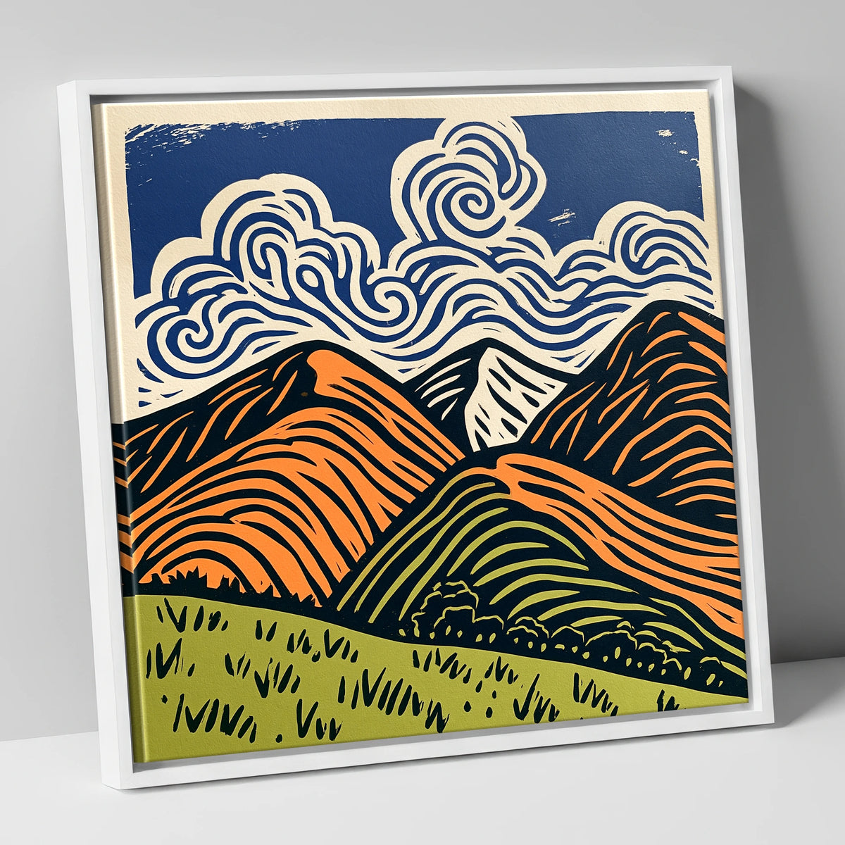 Rolling Fells Under Swirling Clouds lake district fell canvas wall art in white frame