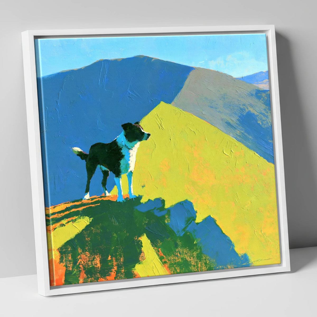 Vibrant Dog on Skiddaw Summit gifts for dog walkers canvas wall art in white frame
