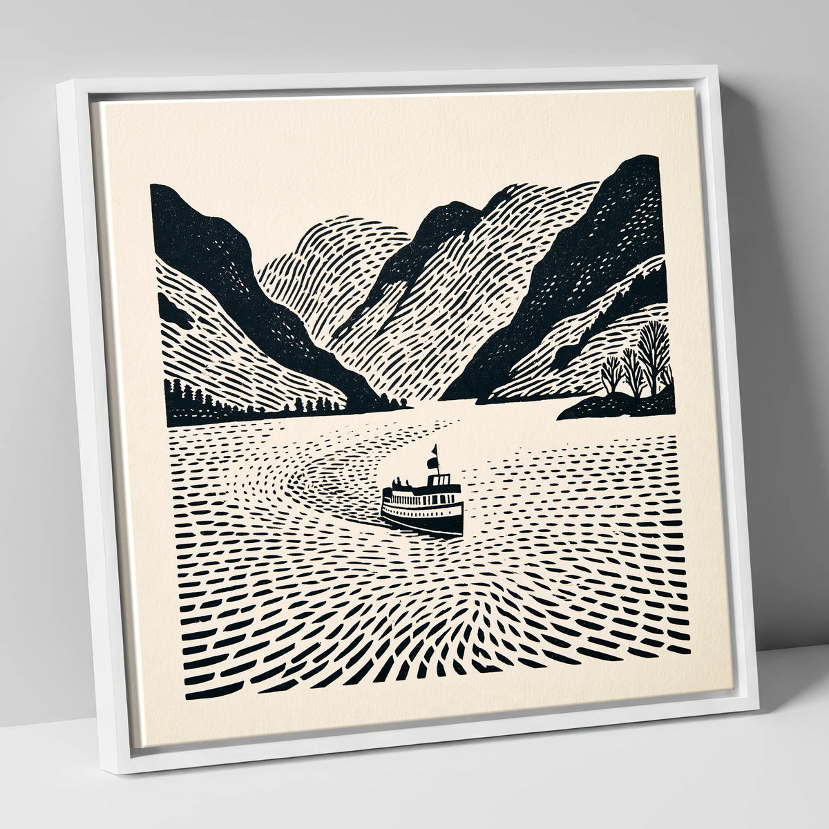 Ullswater Steamer on Swirling Waters lake district lake canvas wall art in white frame
