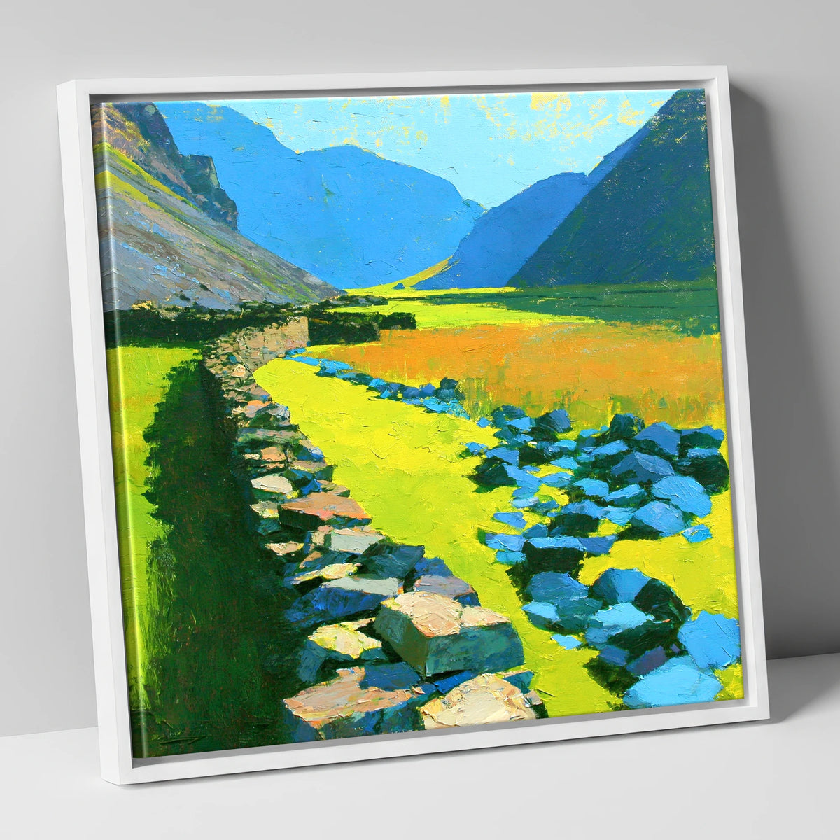 Sunlit Stone Wall and Blue Fells lake district valley canvas wall art in white frame