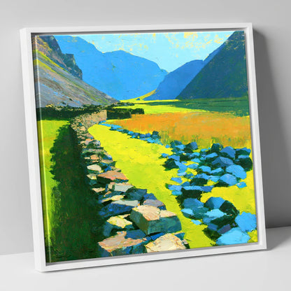 Sunlit Stone Wall and Blue Fells lake district valley canvas wall art in white frame