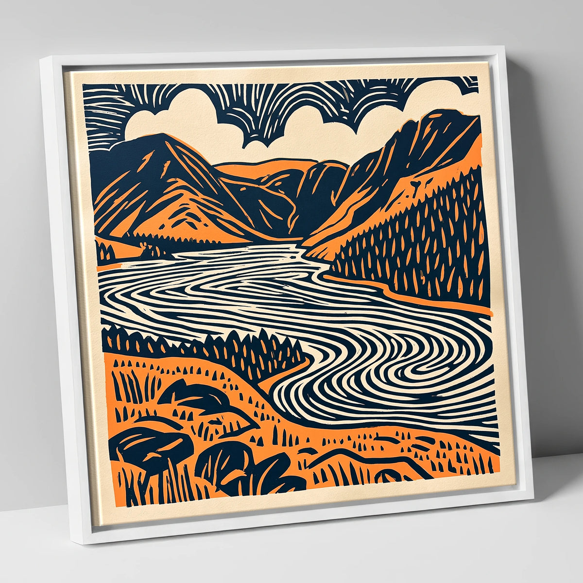 Navy and Terracotta Crummock Water lake district lake canvas wall art in white frame