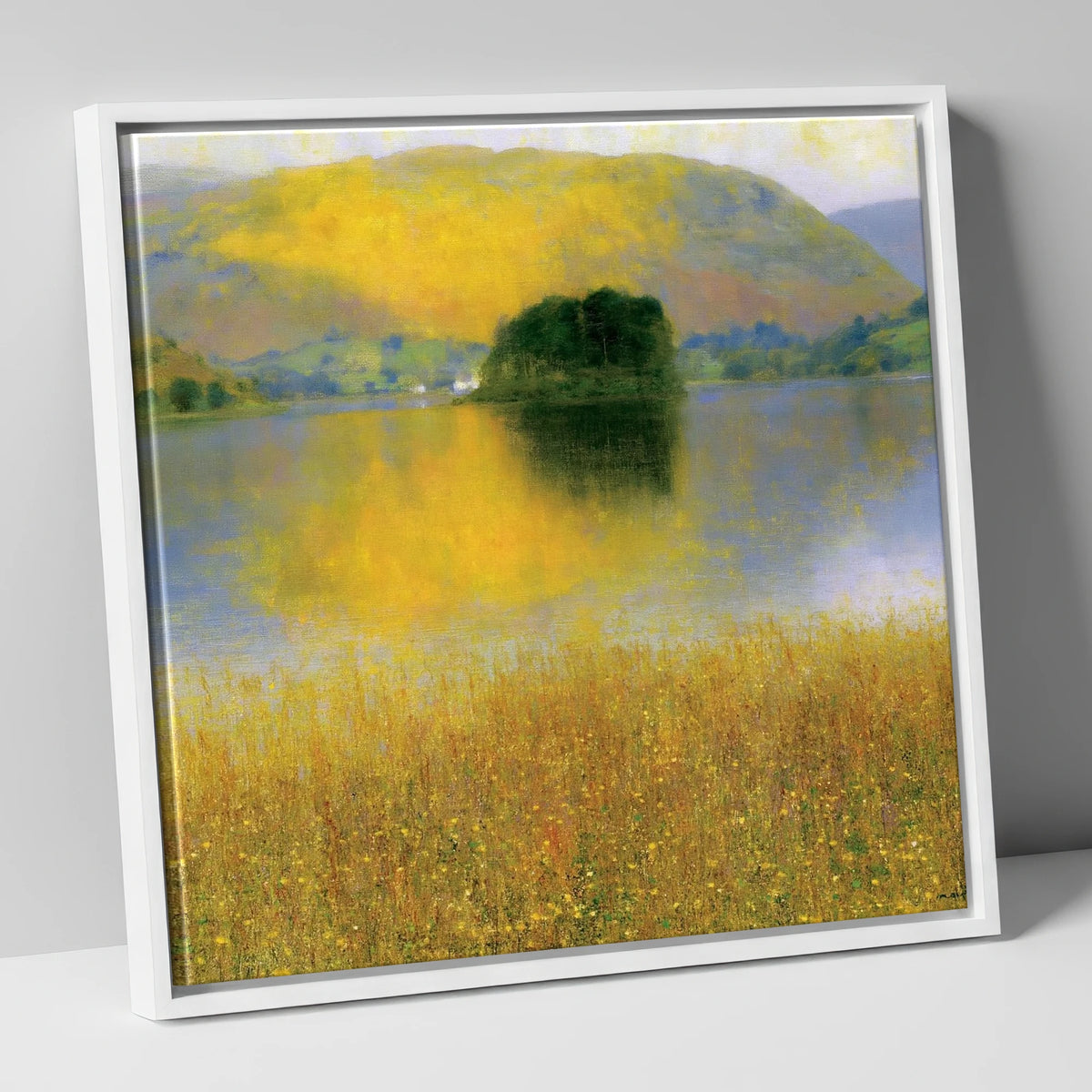 Golden Fells at Grasmere lake district lake canvas wall art in white frame