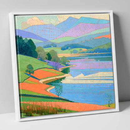 Turquoise Lake And Orange Shores lake district lake canvas wall art in white frame