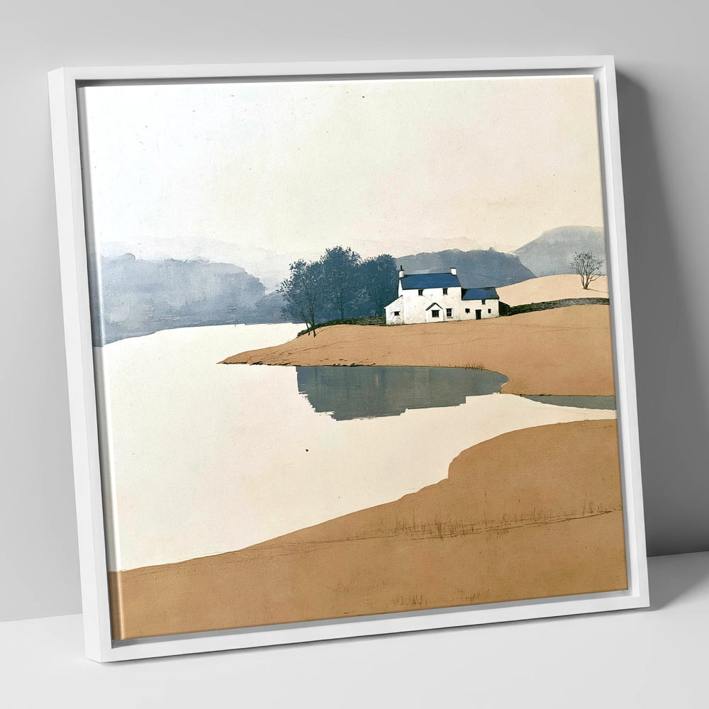 White Lakeshore Farmhouse in Ochre and Blue lake district village canvas wall art in white frame