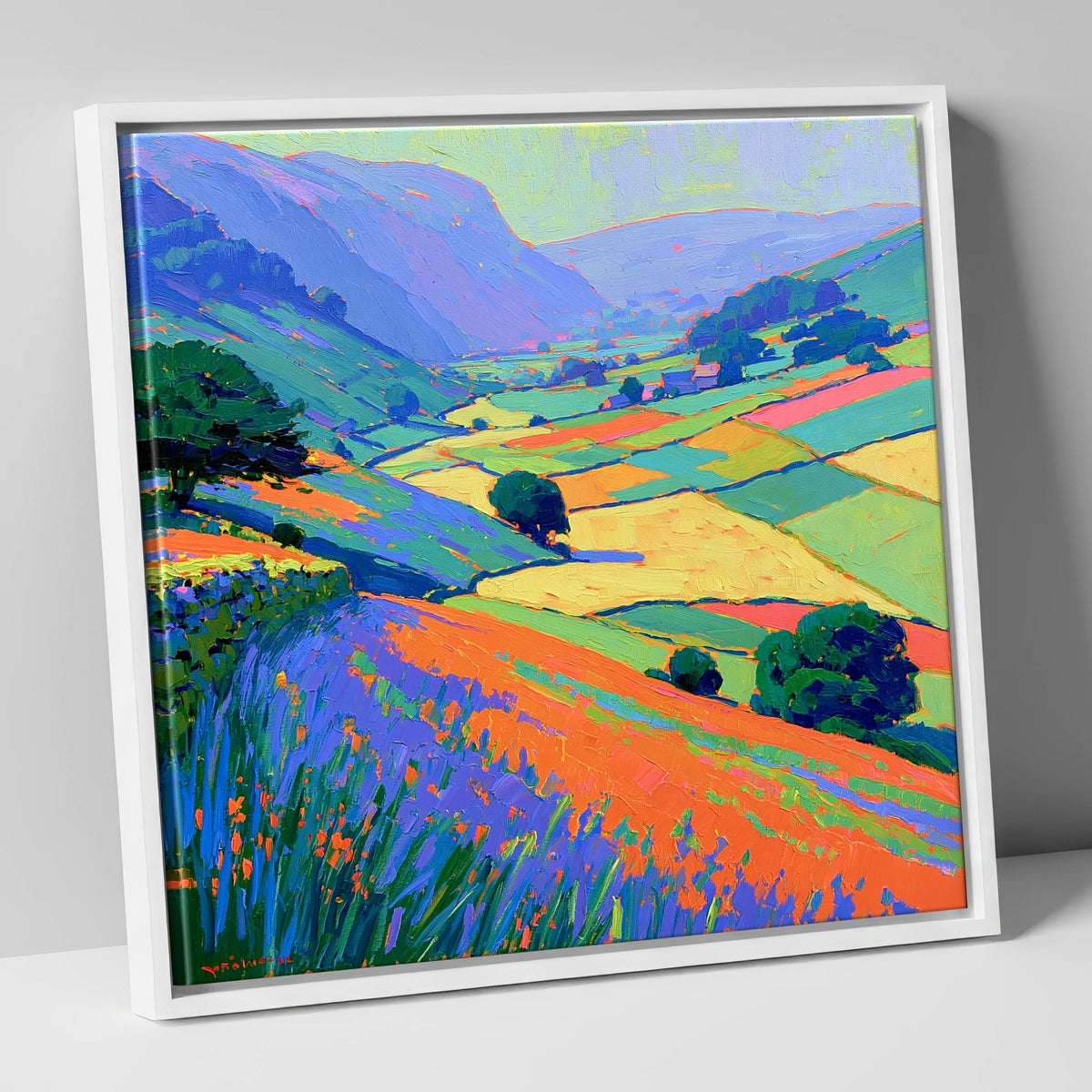 Colourful Patchwork Dale Fields lake district valley canvas wall art in white frame