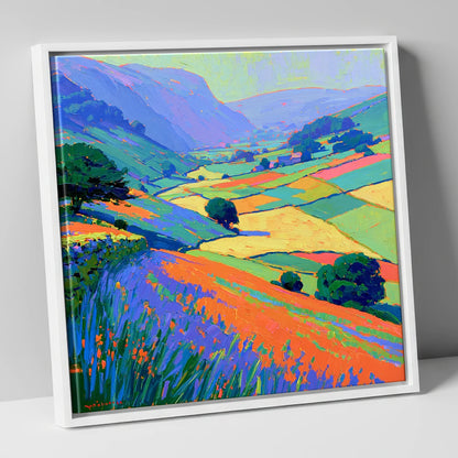 Colourful Patchwork Dale Fields lake district valley canvas wall art in white frame
