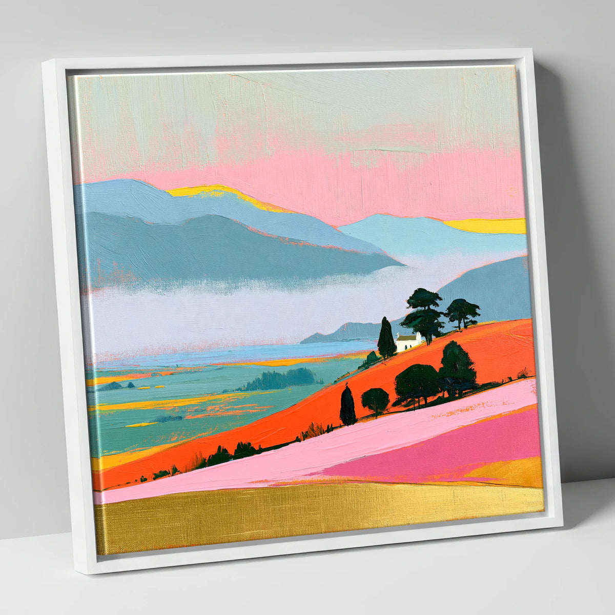 Vibrant Morning Valley Mist lake district sky canvas wall art in white frame