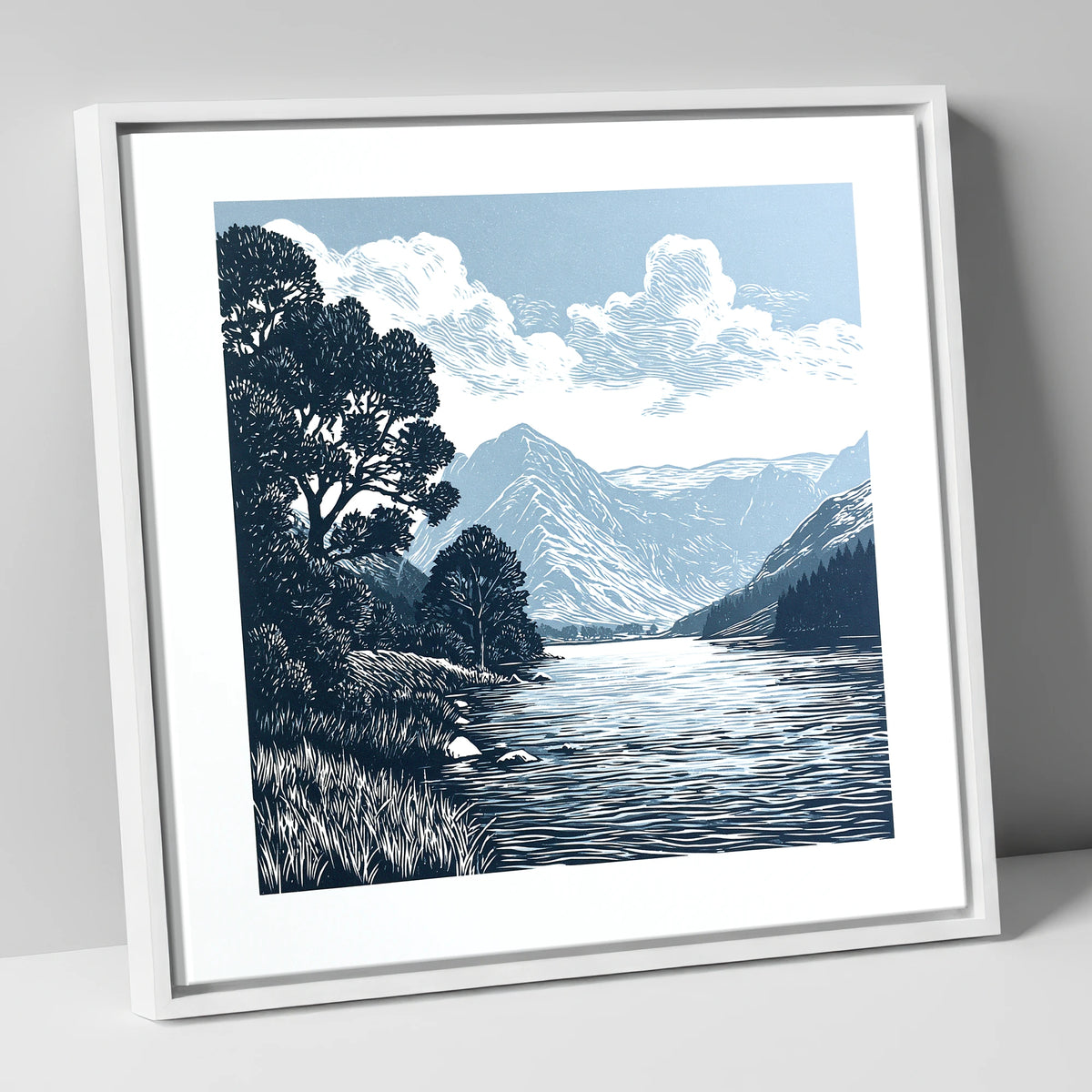 Buttermere in Slate and Navy lake district lake canvas wall art in white frame