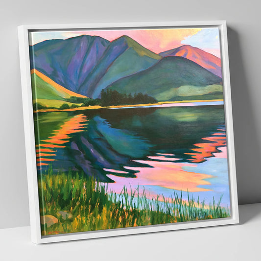 Vibrant Sunset Lake Reflections lake district lake canvas wall art in white frame