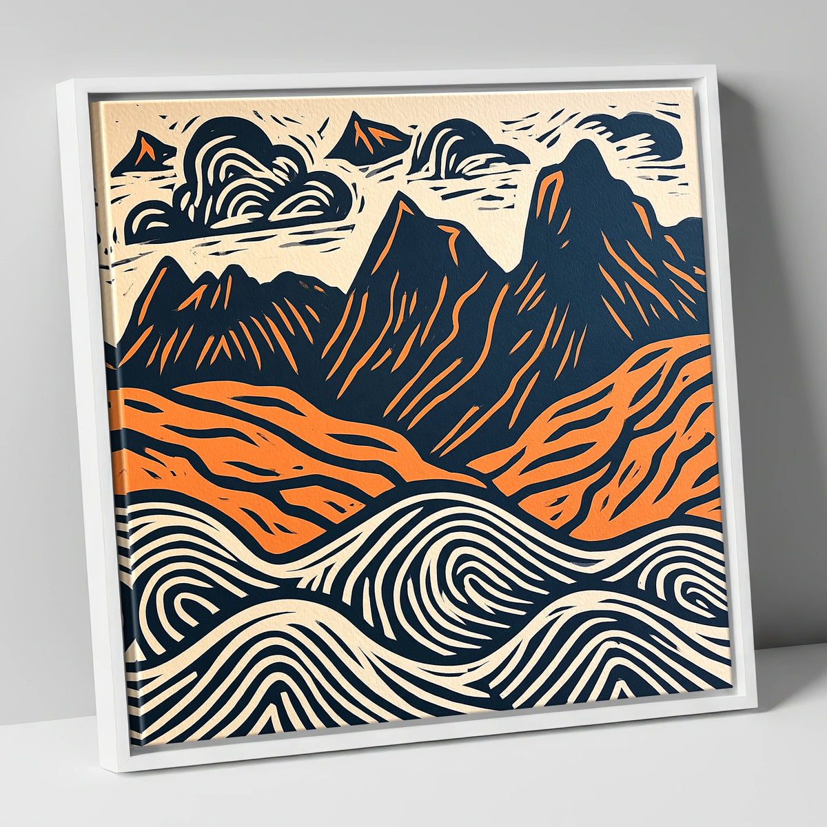 Navy and Orange Langdale Pikes lake district fell canvas wall art in white frame