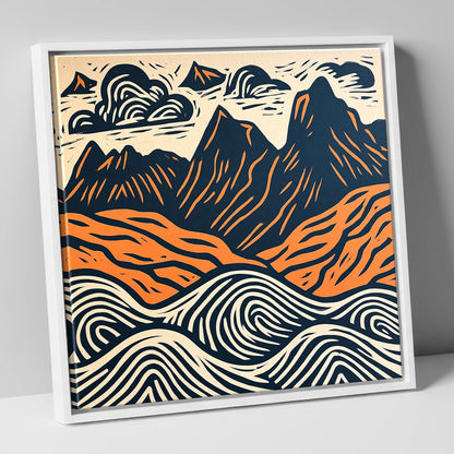 Navy and Orange Langdale Pikes lake district fell canvas wall art in white frame