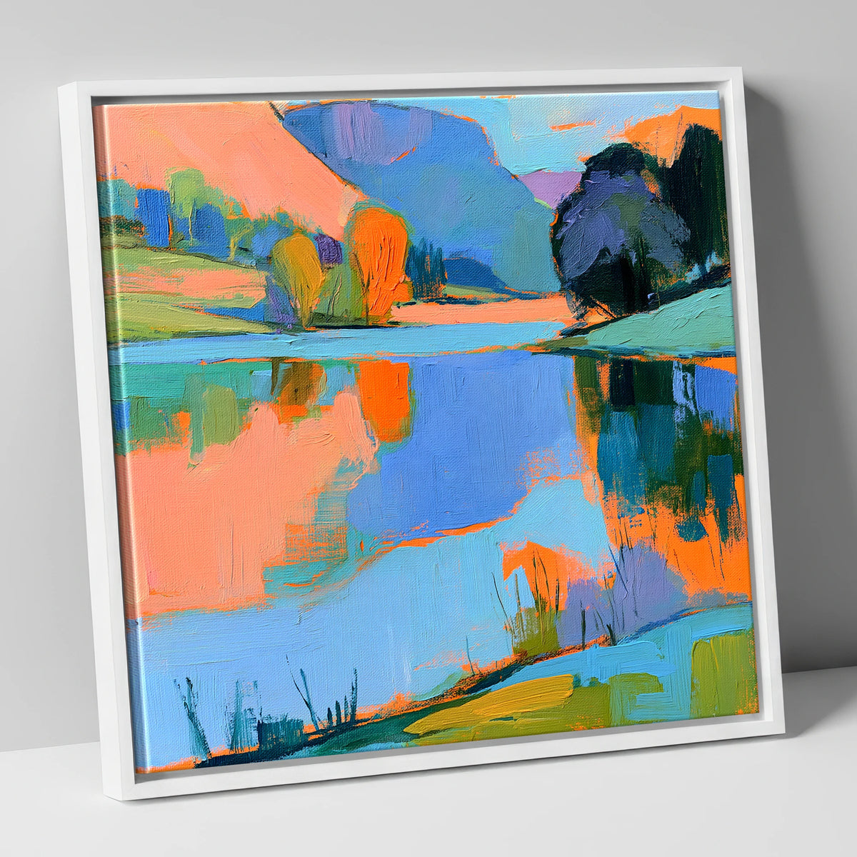 Vibrant Reflections on a Calm Lake lake district lake canvas wall art in white frame