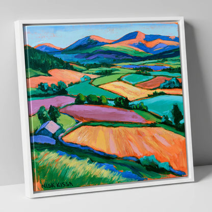 Vibrant Patchwork Fields in a Dale lake district valley canvas wall art in white frame