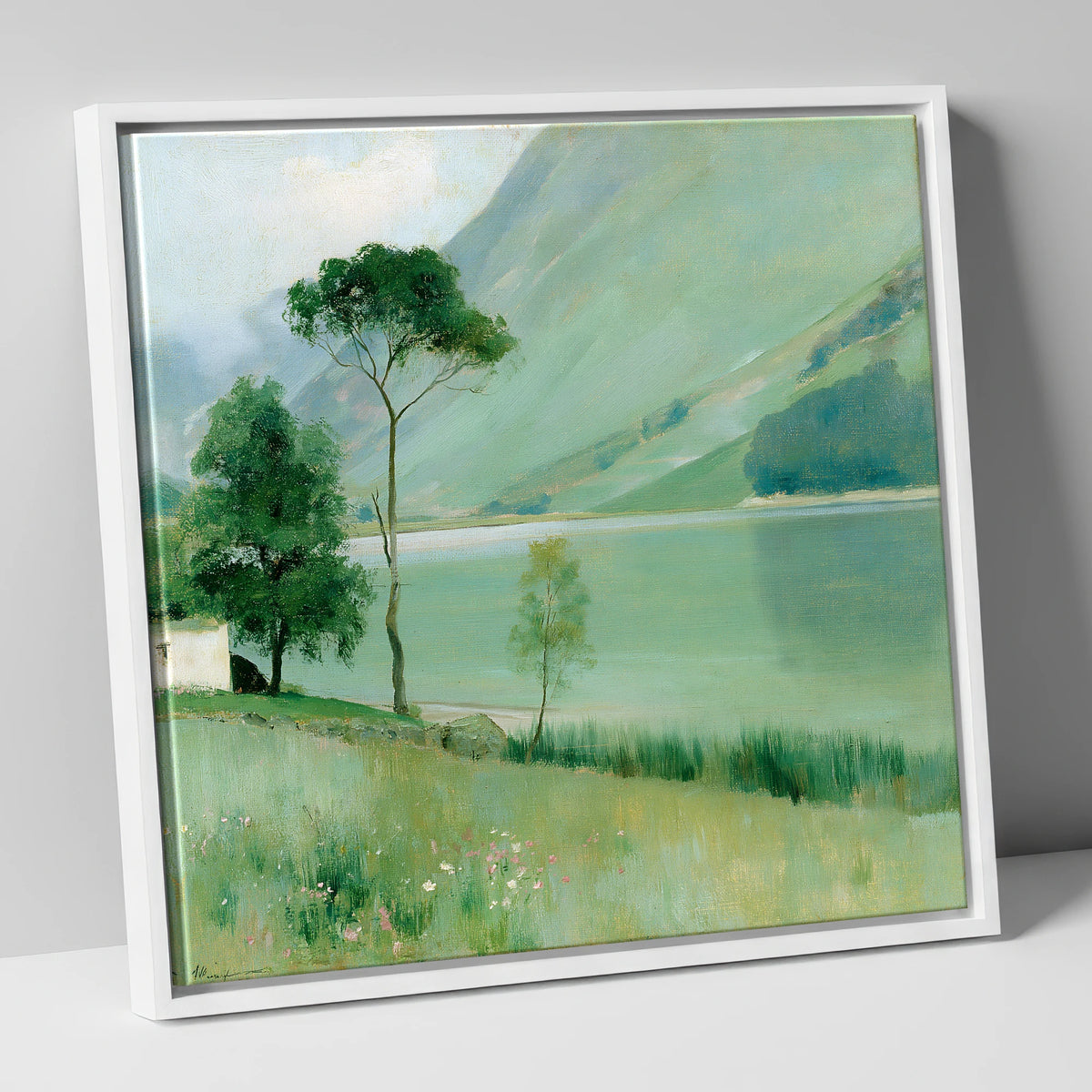 Buttermere in Soft Sage Green lake district lake canvas wall art in white frame