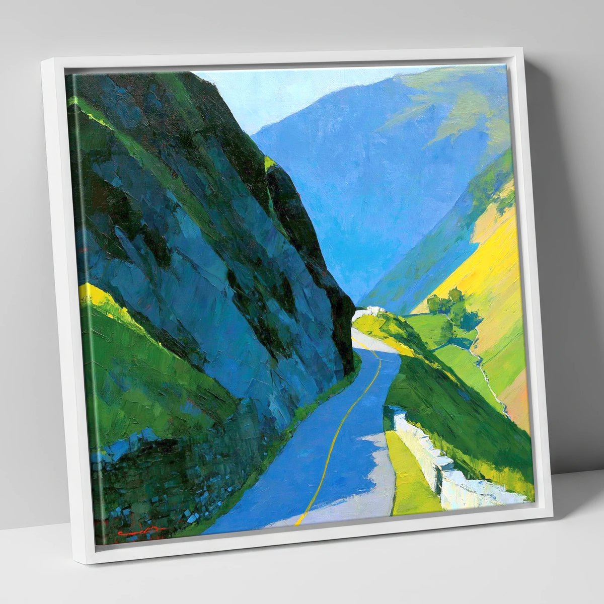 Vibrant Sunlit Mountain Pass lake district valley canvas wall art in white frame