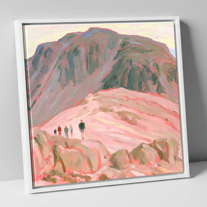 Fell Walkers in Pastel Pink lake district fell canvas wall art in white frame