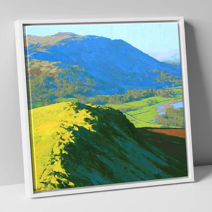 Sunlit Ridge on Black Fell lake district fell canvas wall art in white frame