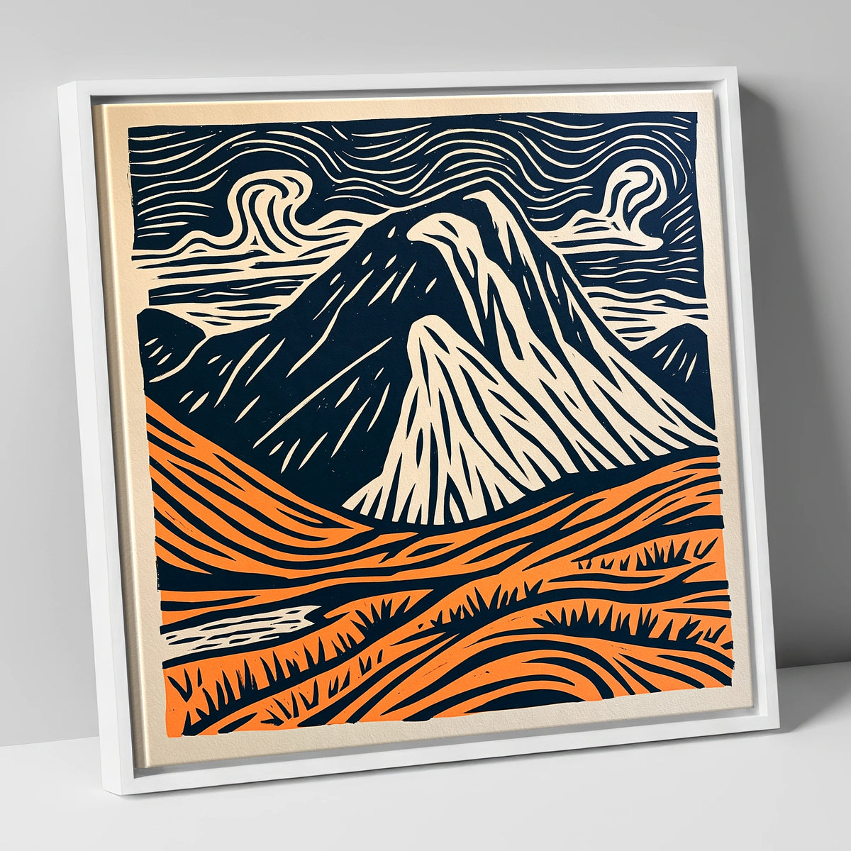 Great Gable in Navy and Orange lake district fell canvas wall art in white frame