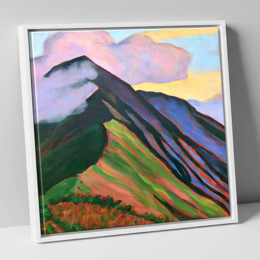 Sunset Over Misty Mountain Ridge lake district fell canvas wall art in white frame