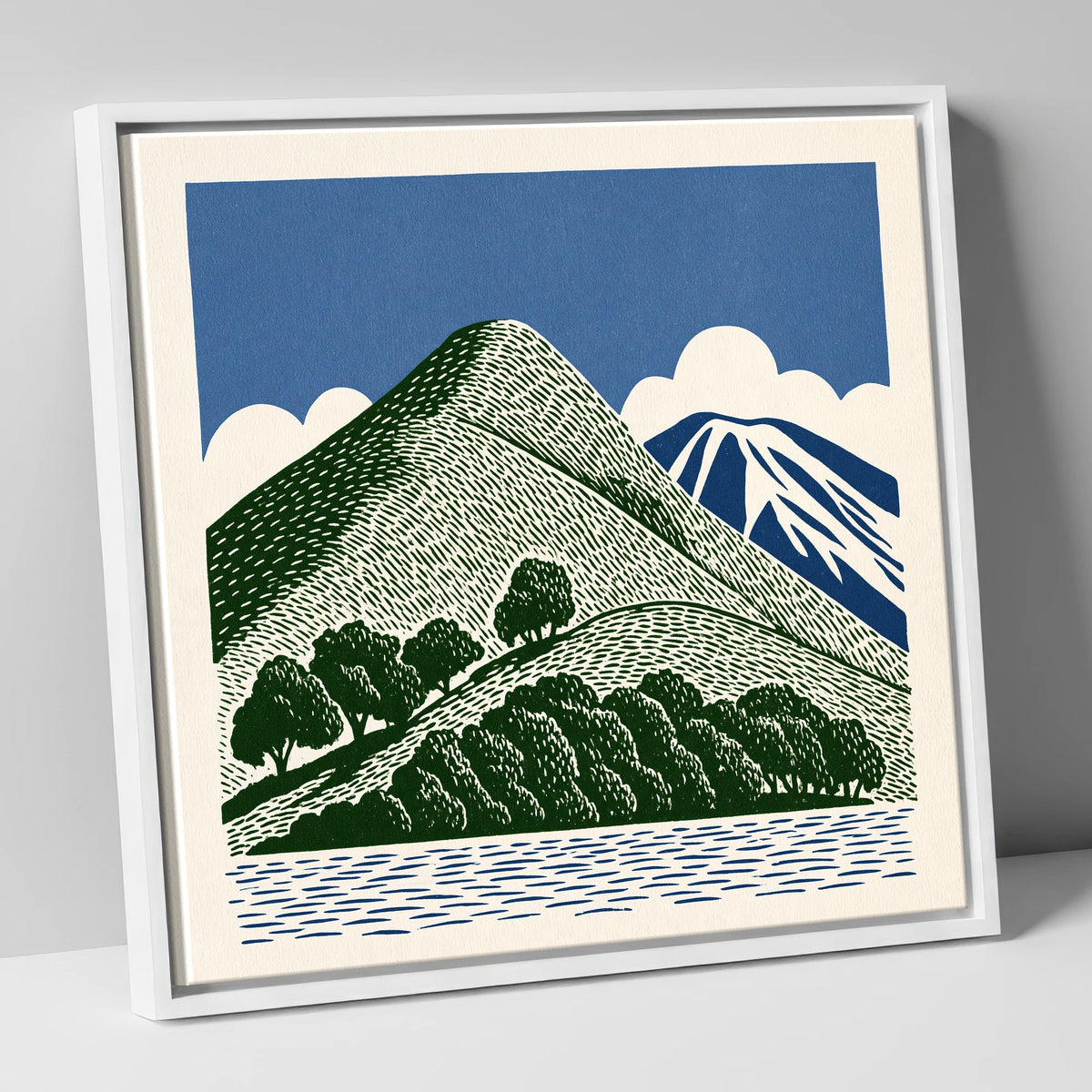 Catbells in Green and Navy lake district fell canvas wall art in white frame