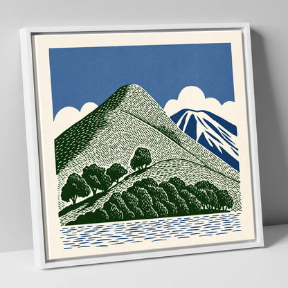 Catbells in Green and Navy lake district fell canvas wall art in white frame