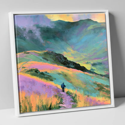 Lone Hiker on Pastel Fells lake district walking canvas wall art in white frame