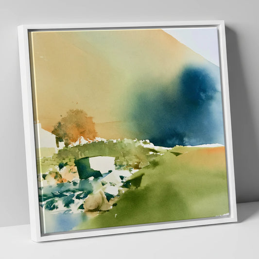 Stone Bridge Under Ink Blue lake district waterfall canvas wall art in white frame