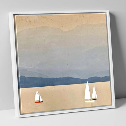 White Sails on Misty Windermere lake district lake canvas wall art in white frame