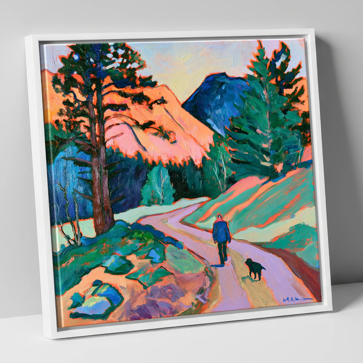 Vibrant Dog Walk at Threlkeld gifts for dog walkers canvas wall art in white frame