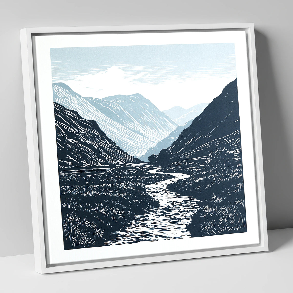 Kirkstone Pass in Deep Navy lake district valley canvas wall art in white frame