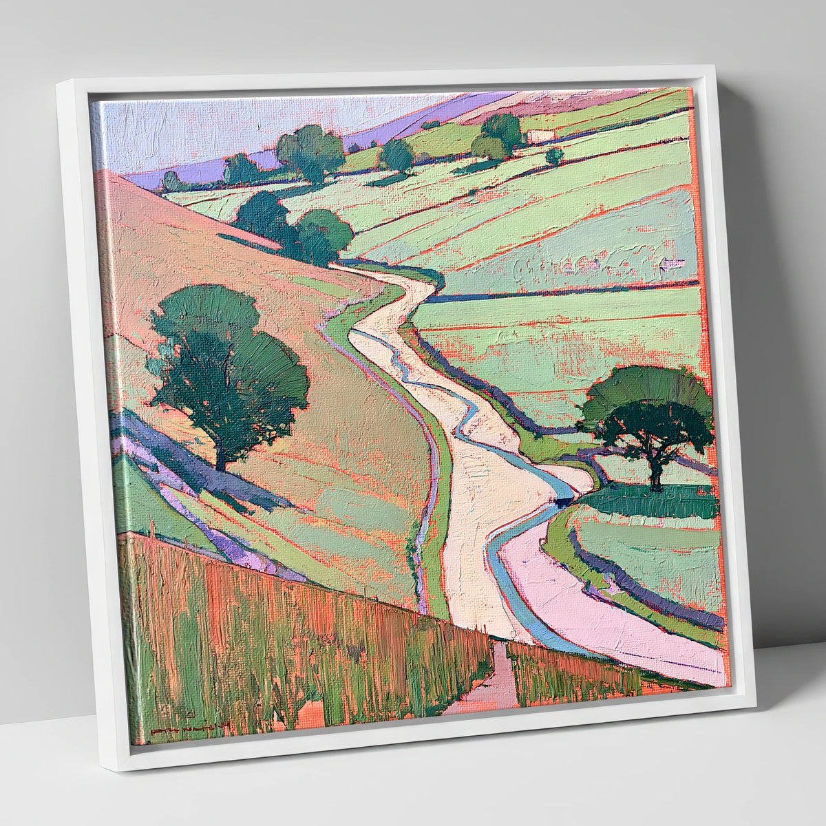 Winding River In Pastel Valley lake district waterfall canvas wall art in white frame