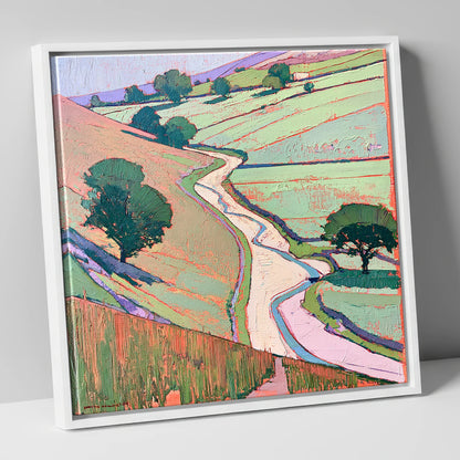 Winding River In Pastel Valley lake district waterfall canvas wall art in white frame