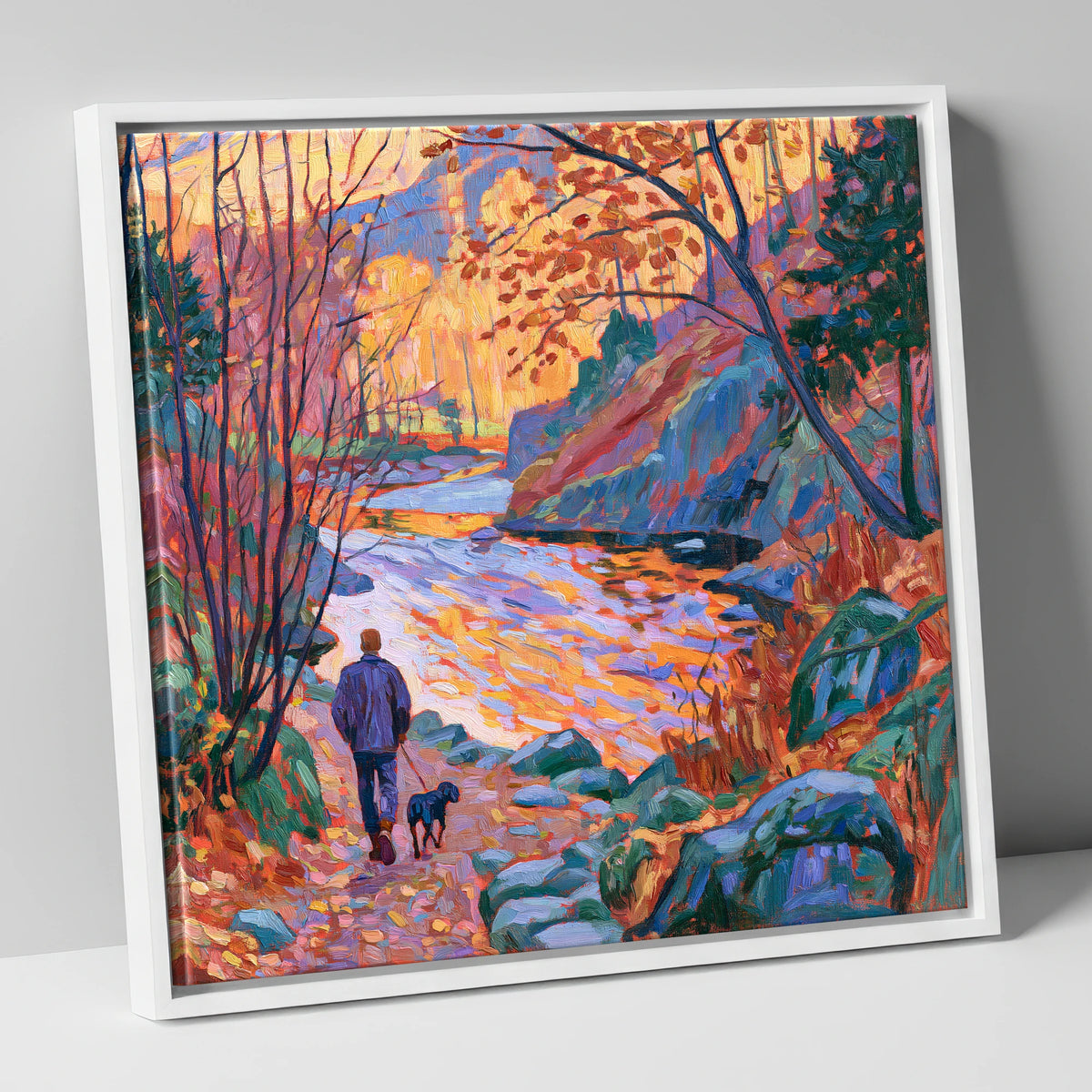 Autumn Dog Walk Aira Force gifts for dog walkers canvas wall art in white frame