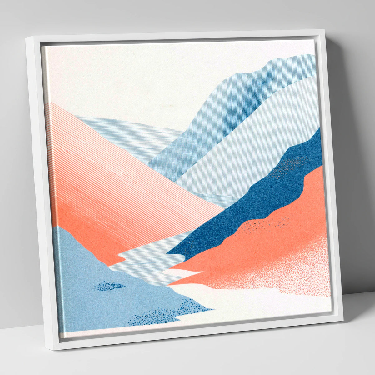 Kirkstone Pass in Blue and Coral lake district valley canvas wall art in white frame