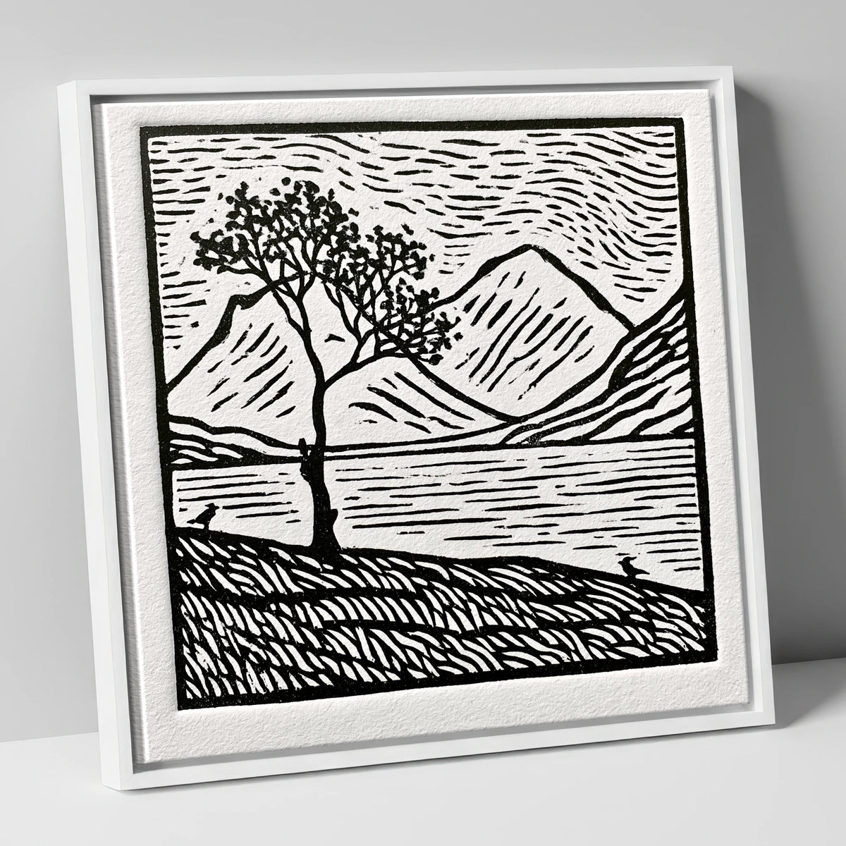 Monochrome Buttermere and Lone Tree lake district lake canvas wall art in white frame