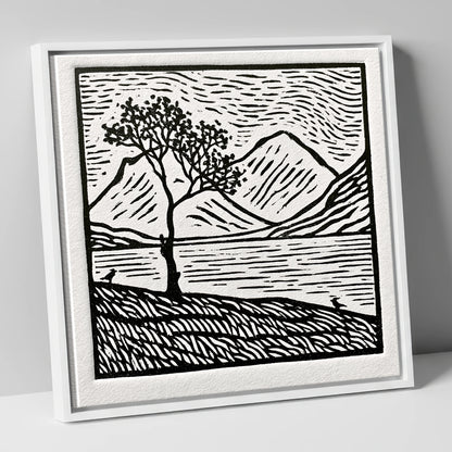 Monochrome Buttermere and Lone Tree lake district lake canvas wall art in white frame