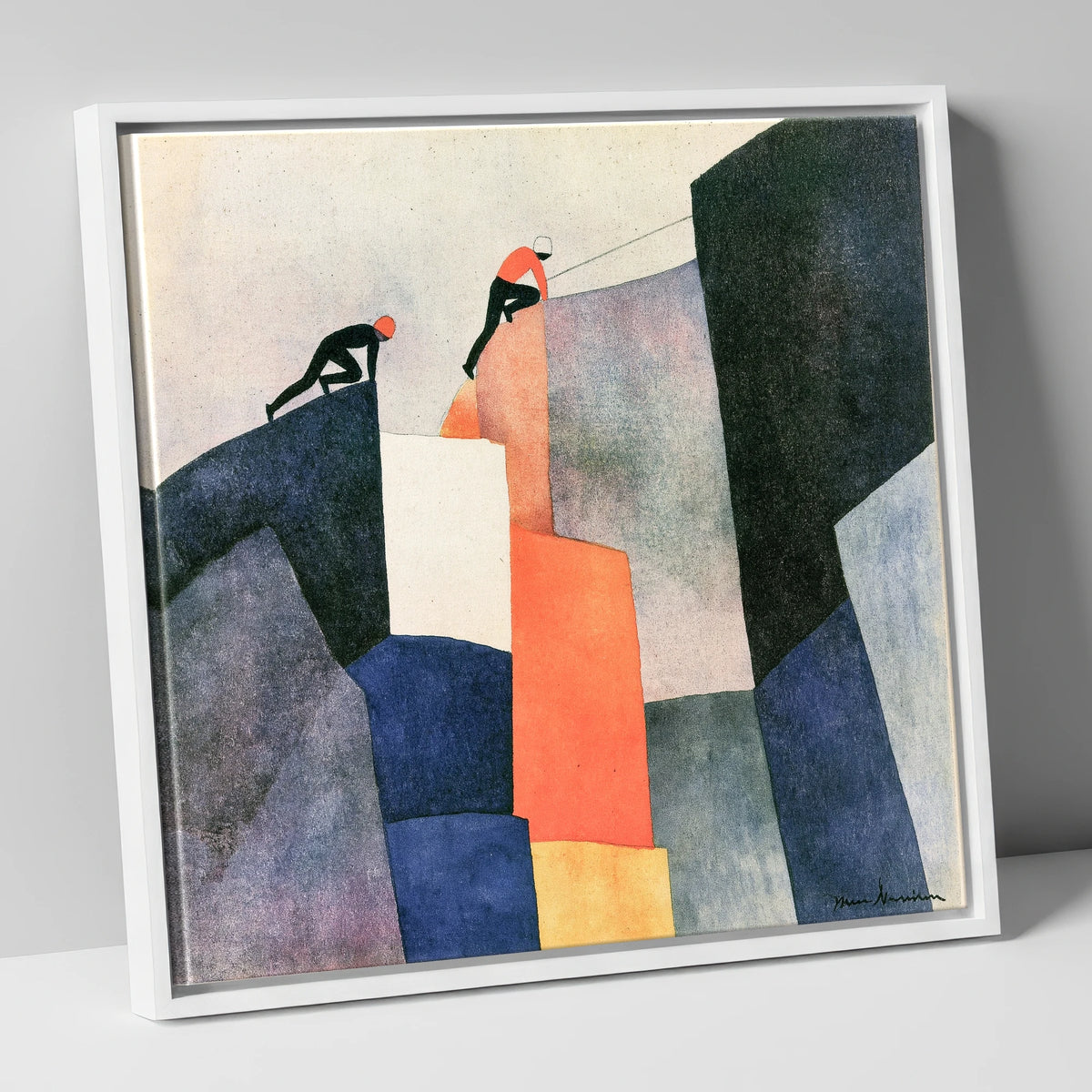 Climbers Ascending a Geometric Crag lake district walking canvas wall art in white frame